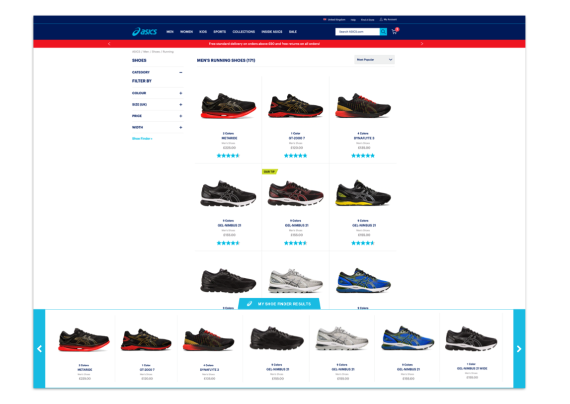 asics case study-shoe finder carousel on PLP