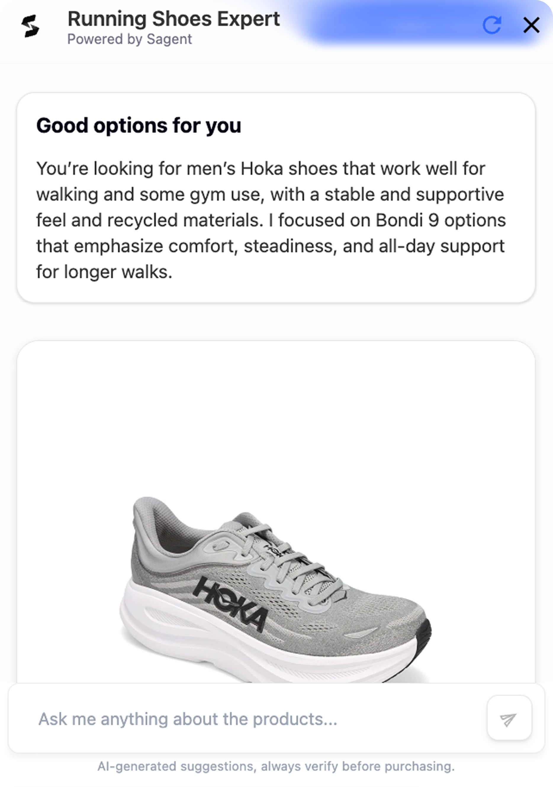 Sagent recommending a product with reasoning